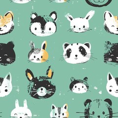 Animal faces in a scattered, creative pattern, pastel mint background, sketch style, delicate and artistic