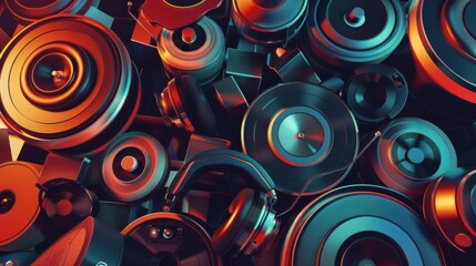 Instruments, speakers, rhythm 3D background, vinyl, headphones, tempo