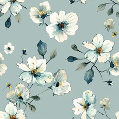 Flowers in a scattered, minimalistic pattern, pastel mint background, sketch style, delicate and artistic