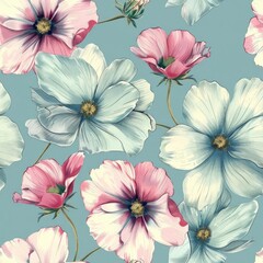 Flowers in a scattered, artistic pattern, pastel mint background, sketch style, delicate and artistic