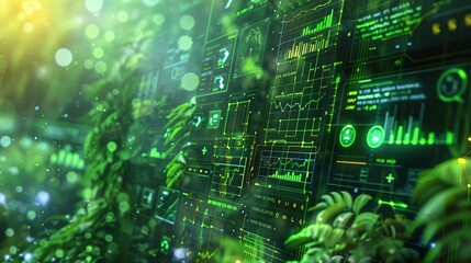 Fototapeta premium A vibrant image of fintech tools like digital wallets and charts, set against a backdrop of green biotechnology visuals, highlighting the innovative fusion of financial technology and eco-friendly