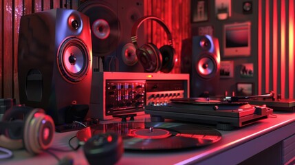 Fototapeta premium Instruments, speakers, rhythm 3D background, vinyl, headphones, tempo