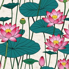 Obraz premium Ethnic Botanical Illustration of Lotus Flowers: Vibrant Colors and Layered Elements, Seamless Pattern for Clothing, Printing, and Tiling