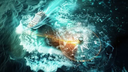 conceptual image of a financial advisory service, with a digital compass and map guiding a ship through turbulent waters, symbolizing strategic guidance