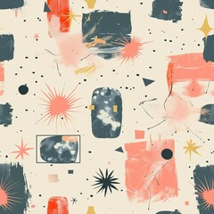 Limited abstract shapes in a scattered layout, pastel peach background, fantasy style, whimsical and enchanting