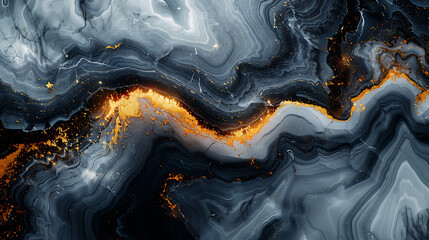 Abstract marble texture with dark blue and orange streaks, creating a flowing, dynamic, and visually stunning background.