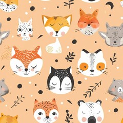 Limited animal faces in a scattered pattern, pastel peach background, fantasy style, whimsical and enchanting