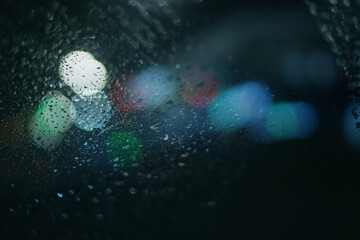 Blurred background with raindrops and lights.