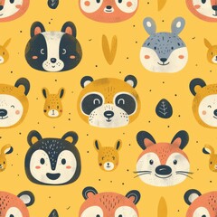 Limited animal faces in a diagonal pattern, pastel yellow background, vintage illustration, retro and charming