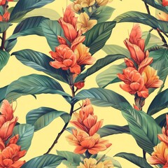 Limited exotic flowers in a repeating pattern, pastel yellow background, vintage illustration, retro and charming