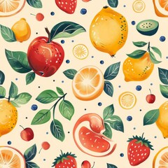 Limited fruits in a scattered pattern, pastel peach background, fantasy style, whimsical and enchanting