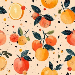 Limited fruits in a scattered pattern, pastel peach background, fantasy style, whimsical and enchanting