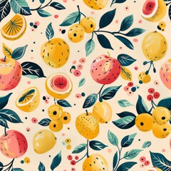 Limited fruits in a scattered pattern, pastel peach background, fantasy style, whimsical and enchanting
