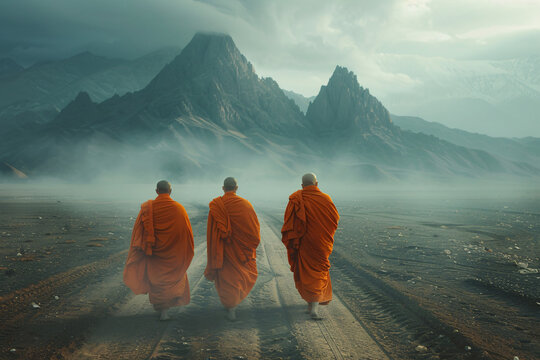 Trio of monks in orange robes walking on dusty road against misty mountains backdrop
