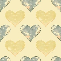 Limited hearts in a repeating pattern, pastel yellow background, vintage illustration, retro and charming