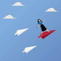 Businesswoman stands on red paper airplanes