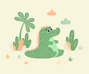 Green crocodile sitting in tropical jungle