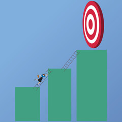 Businesswoman wearing a suit climbs up a ladder