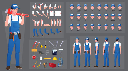 Handyman, repairman Character Construction and Animation Pack, Maintenance Engineer Wearing Blue Overalls, Mouth Animation and Lip Sync, Turnaround with Tools and Work Equipment's