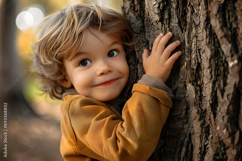 Wall mural small boy child hugging tree