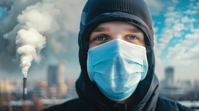 A man wearing a black coat and a blue mask is standing in front of a large smoke cloud - Powered by Adobe