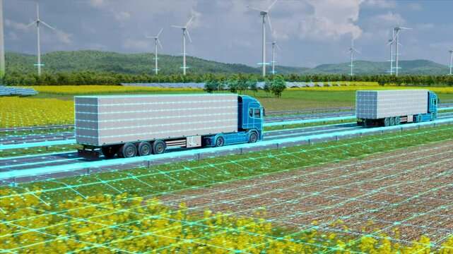 Future Technology Concept. Convoy of autonomous electric semi trucks with cargo trailer driving through green landscape scanning and digitalizing their surroundings. 3d animation rendering