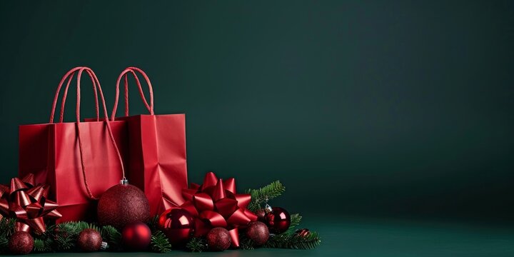 Explore a festive holiday scene with Christmas shopping bags and decorations, setting the mood for a joyful celebration in December. Get ready for the holidays with bright and cheerful items