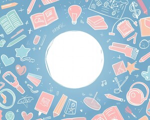 Pastel background vector with blank circle in center, surrounded by doodle school icons.