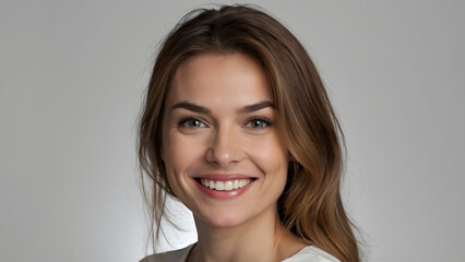 Naklejka premium Girl portrait close-up brown hair smiling on light background