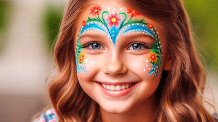 Fototapeta premium Smiling happy child with beautiful face painting