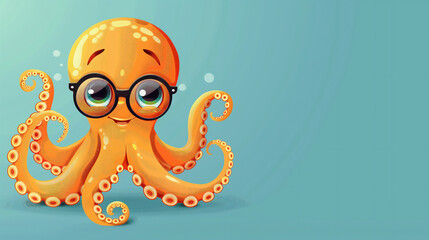 Smiling orange Baby Octopus with Glasses on blue Background. Flat design Illustration. Banner with Copy Space.  