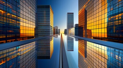 A cityscape where glass skyscrapers mirror each other, creating an infinite reflection of the urban environment.