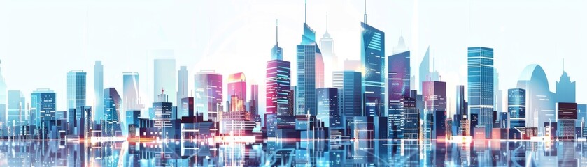 Fototapeta premium Futuristic City Skyline: Abstract Vector Illustration of Glass Skyscrapers Against Sky. Digital Technology Style Design for Urban Landscape and Business Concepts. Modern Metropolis Architecture in Hig