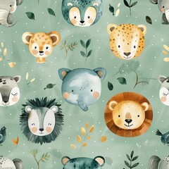 Scattered animal faces creating a fun pattern, pastel green backdrop, watercolor technique, cheerful and soft