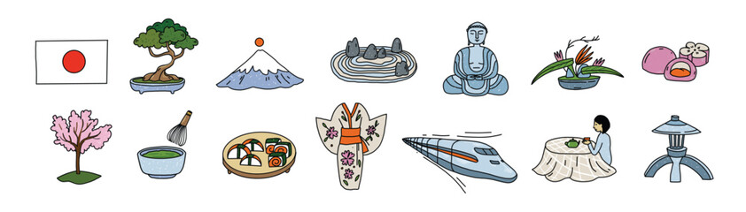 Japanese landmarks set in doodle cartoon style. Japanese. Kimono, samurai, Mount Fujiyama, green matcha tea and sushi, ikebana and toro garden lantern. Hand drawn vector illustrations