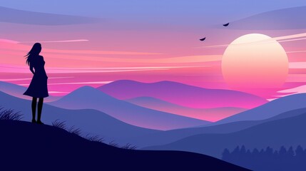 Stunning silhouette of a young woman with a beautiful figure captured against a breathtaking sunset backdrop.