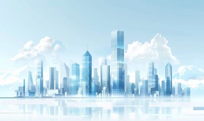 Fototapeta premium Futuristic City Skyline: Abstract Vector Illustration of Glass Skyscrapers Against Sky. Digital Technology Style Design for Urban Landscape and Business Concepts. Modern Metropolis Architecture in Hig
