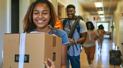 Student and Parent Moving Boxes into Dorm Room, smiling and working together
