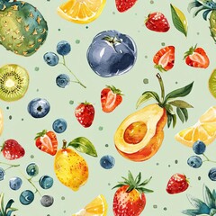 Scattered fruits creating a quirky pattern, pastel green backdrop, watercolor technique, cheerful and soft