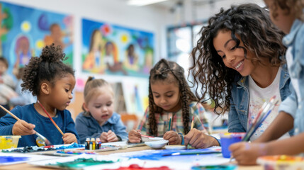 A teacher supervising elementary students in an after-school painting class, with kids eagerly creating their own masterpieces.