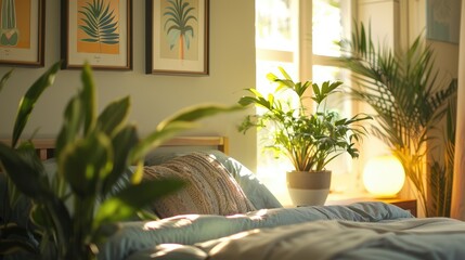 Fototapeta premium Newly potted plants in well-lit room with artwork over the bed