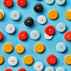 Sparse arrangement of abstract shapes in a polka dot pattern, pastel blue background, pop art style, playful and bright, flat lay