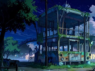 ゲーム背景　かつての廃バスを利用した公園の高台休憩所