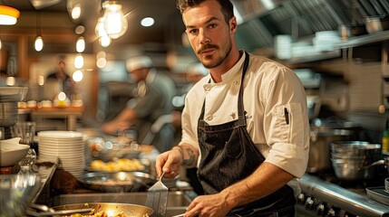 A chef in a restaurant kitchen, holding a spatula and wearing a Happy Labor Day apron, with food cooking on the stove.