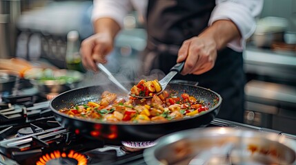 A chef in a restaurant kitchen, holding a spatula and wearing a Happy Labor Day apron, with food cooking on the stove.