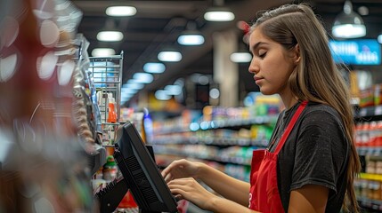 A grocery store cashier scanning items, with a Thank You for Your Hard Work on Labor Day sign next to the register.
