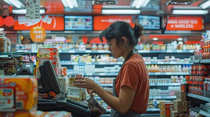 A grocery store cashier scanning items, with a Thank You for Your Hard Work on Labor Day sign next to the register.