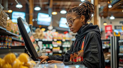 A grocery store cashier scanning items, with a Thank You for Your Hard Work on Labor Day sign next to the register.