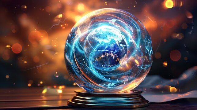 conceptual piece on financial forecasting, featuring a digital crystal ball showing swirling data clouds predicting future market trends