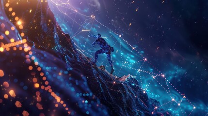 conceptual piece on investment risk management, with a digital climber scaling a graph of peaks and valleys, secured by safety lines made of data